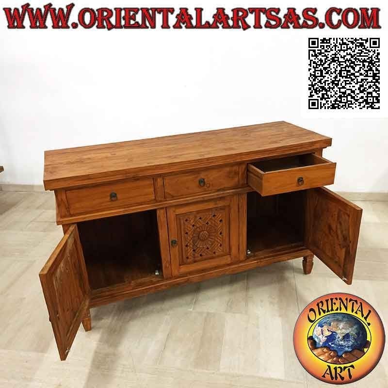 Buffet with 3 doors and 3 drawers with hand-carved floral decorations in teak wood