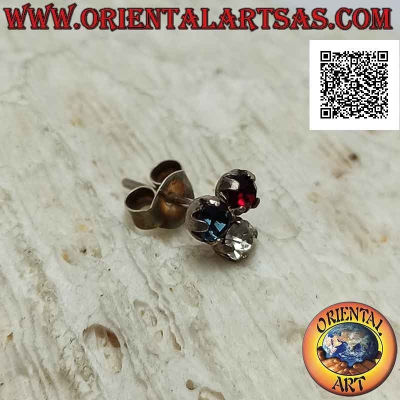 Mini boucle d'oreille en argent, trio de zircons colorés sertis 3 mm