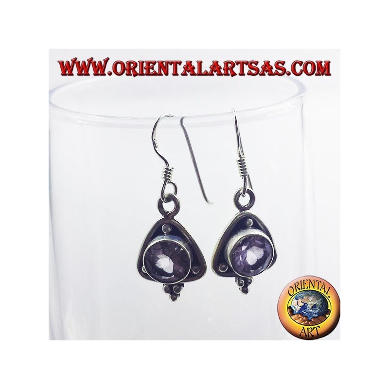 silver earrings, triangle with round faceted Amethyst