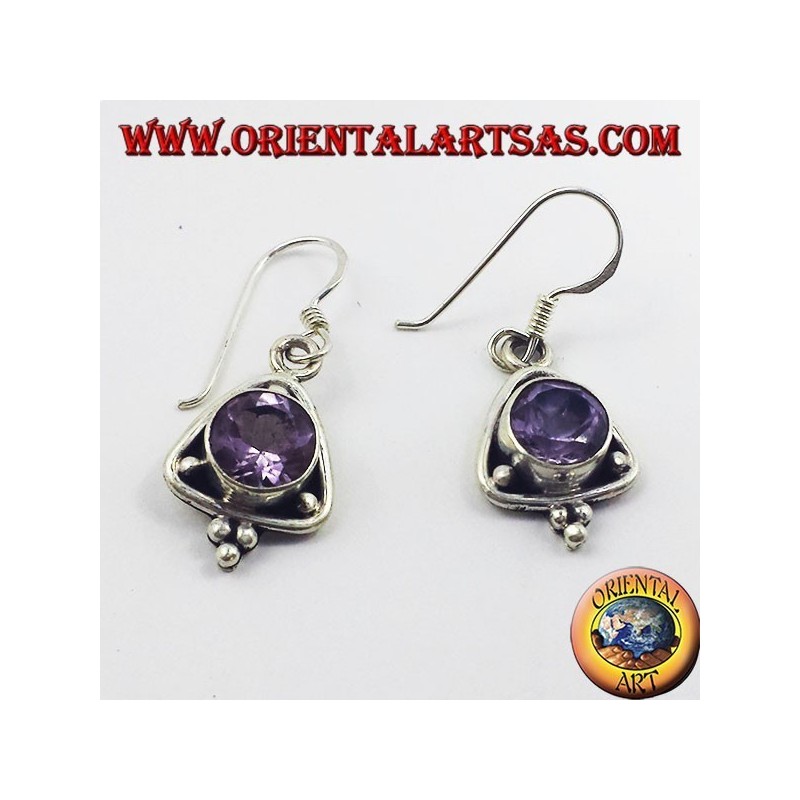 silberne Ohrringe, Dreieck mit runden facettierten Amethyst