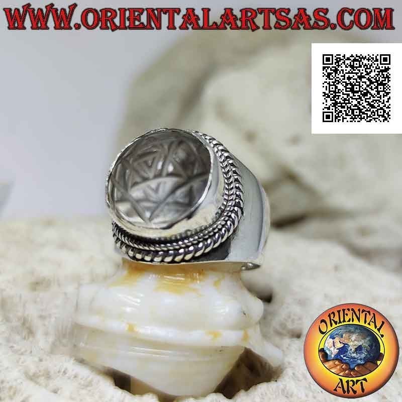 Silver ring with Sri Yantra mandala engraved on round rock crystal