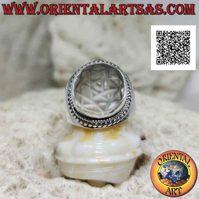 Silver ring with Sri Yantra mandala engraved on round rock crystal