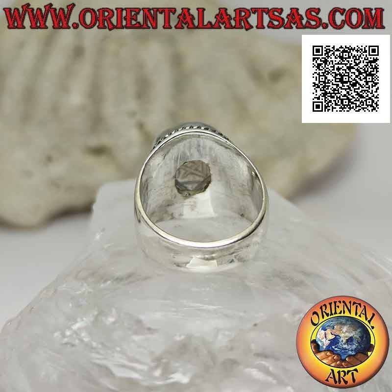 Silver ring with Sri Yantra mandala engraved on round rock crystal