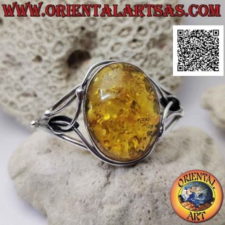 Bracelet rigide en argent 925 ‰ avec grand cabochon ovale ambre et décor floral ajouré