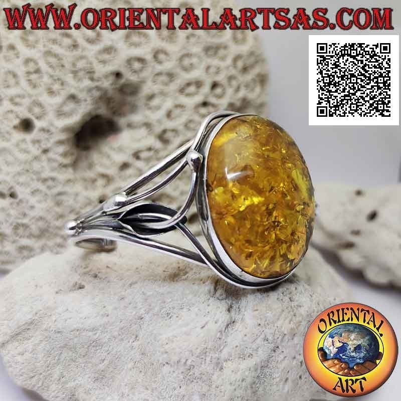 Pulsera rígida en plata 925 ‰ con gran cabujón ovalado de ámbar y decoración floral calada