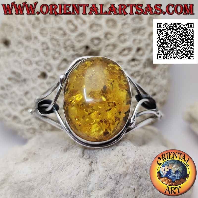 Bracelet rigide en argent 925 ‰ avec grand cabochon ovale ambre et décor floral ajouré