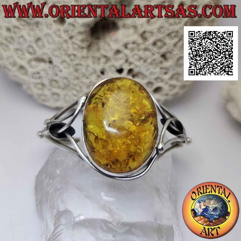 Bracelet rigide en argent 925 ‰ avec grand cabochon ovale ambre et décor floral ajouré