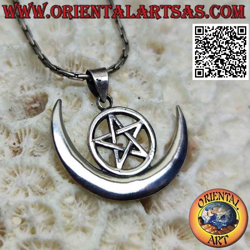 Pendentif wiccan en argent "pentacle et croissant de lune"