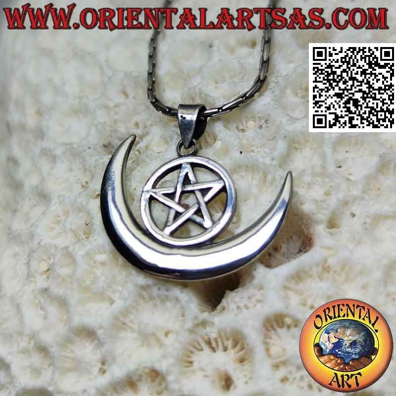 Wiccan silver pendant "pentacle and crescent moon"