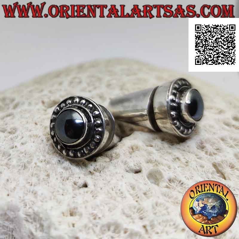 Traditional Balinese silver earrings with round hematite surrounded by studs
