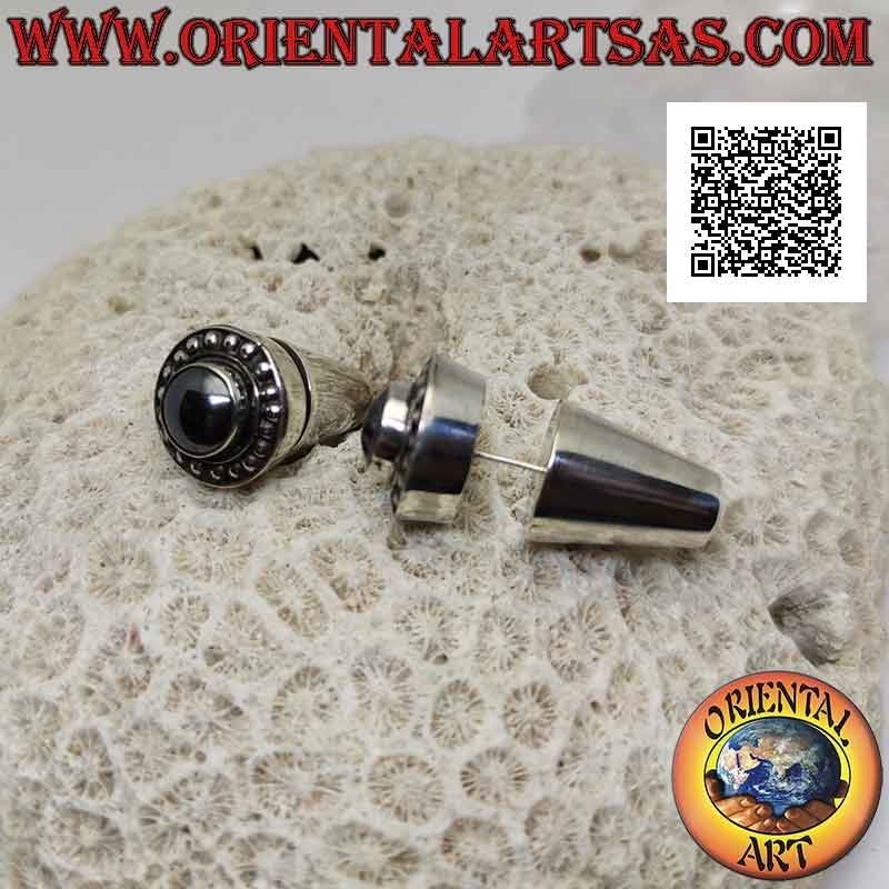 Traditional Balinese silver earrings with round hematite surrounded by studs