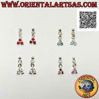 Pendientes de plata, bola de lóbulo con trío de circonitas de colores colgantes