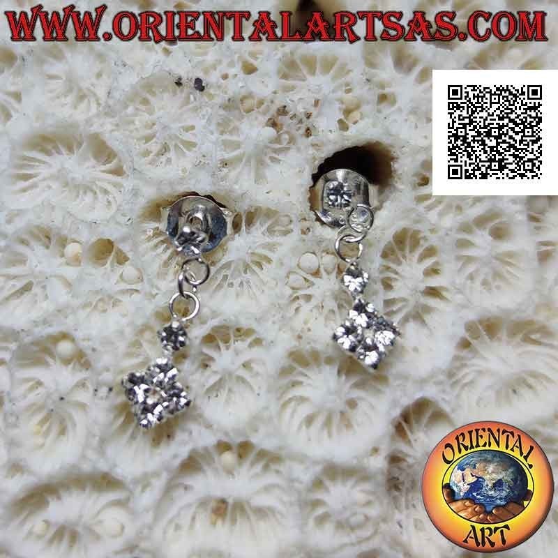 Pendientes de plata, bola de lóbulo con colgante de rombos de circonitas de colores