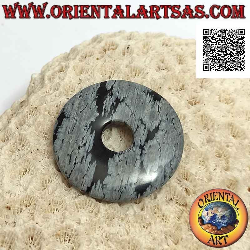 Colgante de disco de obsidiana / donut "copo de nieve" de 30 mm. Ø (cable incluido)