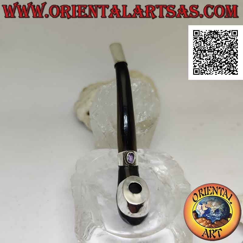 Pipe-shaped cigarette holder in ox horn and 925 ‰ silver inserts with natural amethyst