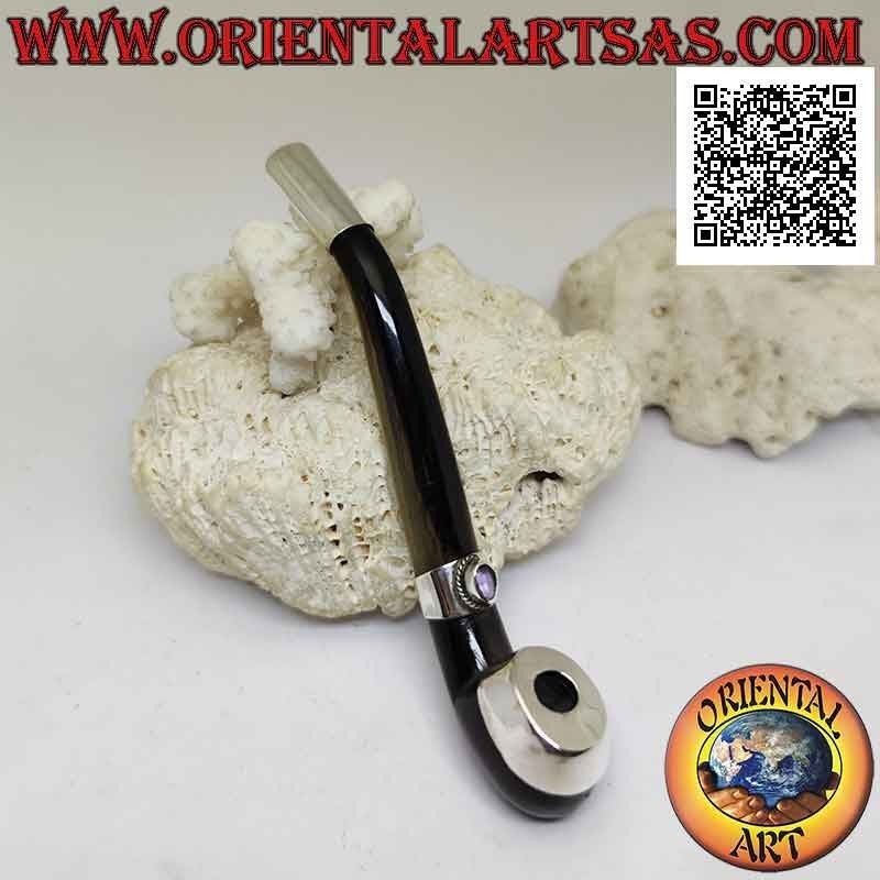 Porte-cigarette en forme de pipe en corne de bœuf et inserts en argent 925 ‰ avec améthyste naturelle