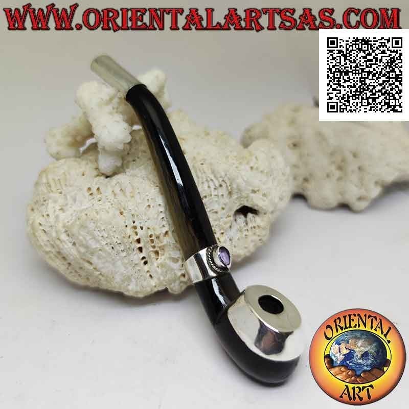 Bocchino per sigarette a forma di pipa in corno di bue e inserti in argento 925 ‰ con ametista naturale