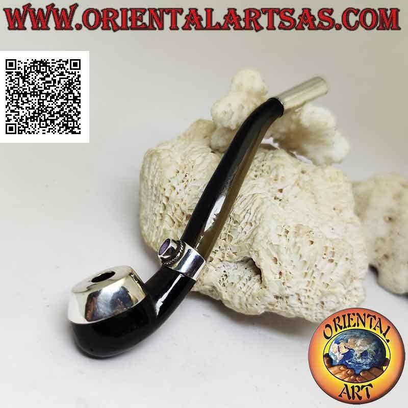 Porte-cigarette en forme de pipe en corne de bœuf et inserts en argent 925 ‰ avec améthyste naturelle