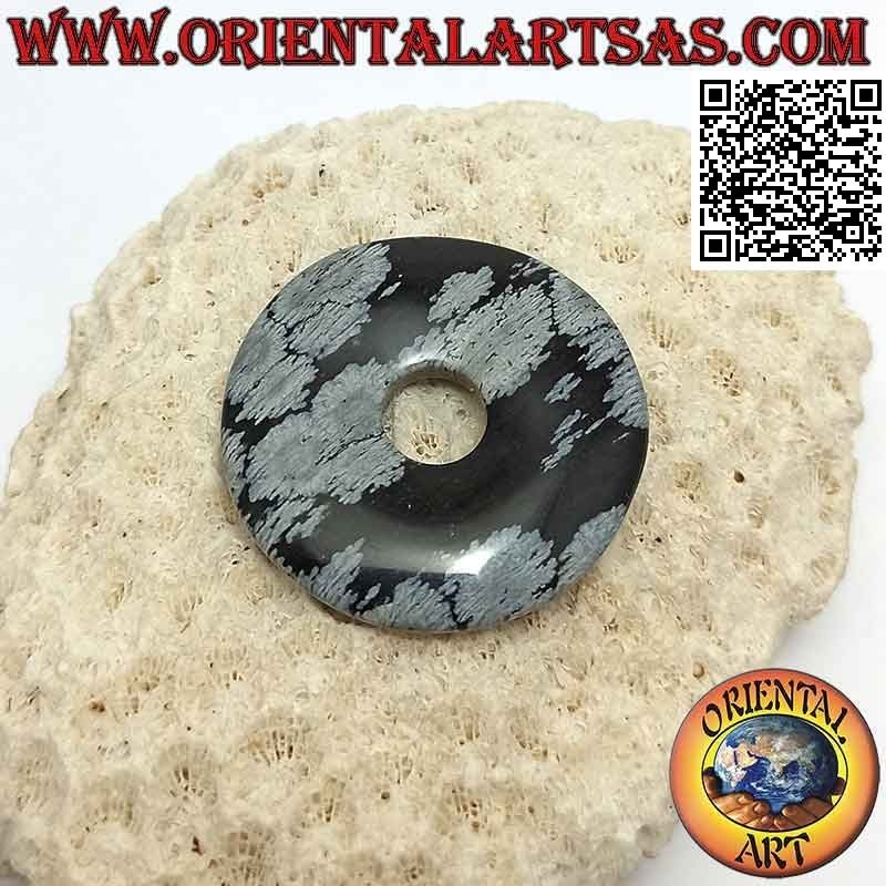 Colgante de disco de obsidiana / donut "copo de nieve" de 35 mm. Ø (cable incluido)