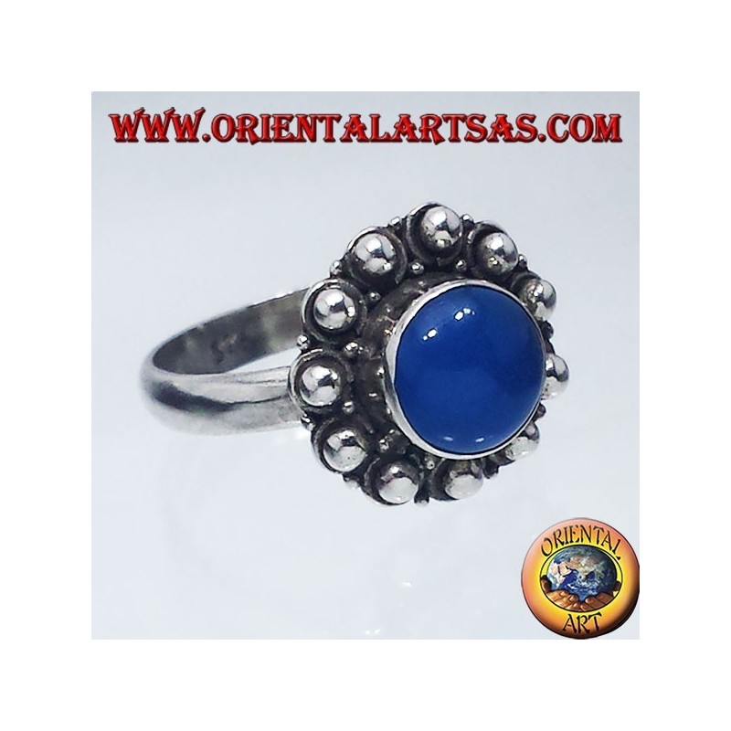 silver ring with agate blue round Bali