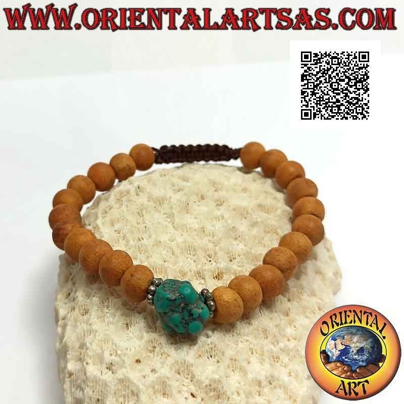 Bracciale mālā da polso in grani da 8 mm. di legno di sandalo e turchese centrale (regolabile)