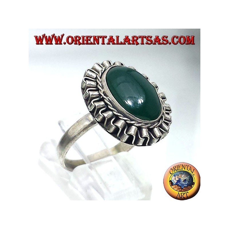 Silver ring with green oval agate cabochon