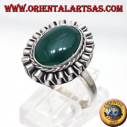 Silver ring with green oval agate cabochon