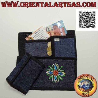 Portefeuille népalais (4 poches avec 2 zips) " fleur avec miroir central " en jean 100% coton