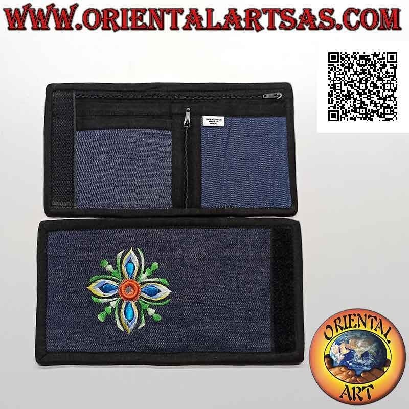 Portefeuille népalais (4 poches avec 2 zips) " fleur avec miroir central " en jean 100% coton