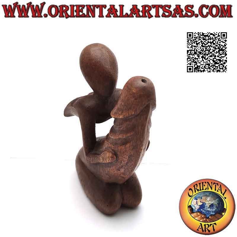 Erotic sculpture "the man embraced the penis" in abstract style in suar wood, 15 cm