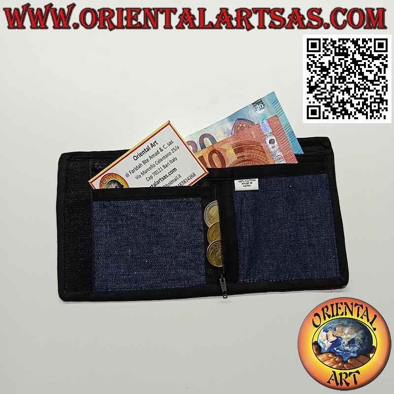 Nepalese wallet (4 pockets with 2 zip) "floral decoration" in 100% cotton jeans