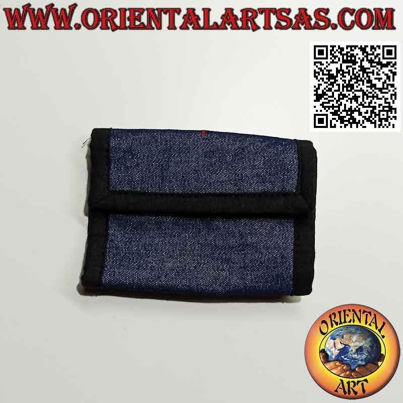 Nepalese wallet (4 pockets with 2 zip) "floral decoration" in 100% cotton jeans