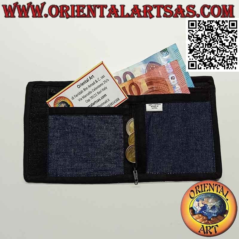 Nepalese wallet (4 pockets with 2 zip) "floral decoration" in 100% cotton jeans