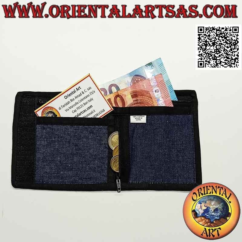 Portafogli nepalese (4 tasche con 2 zip) "fiore con 4 specchietti" in 100% cotone jeans