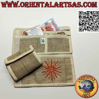 Portafogli nepalese (4 tasche con 2 zip) "il sole con lo specchietto" in 100% canapa