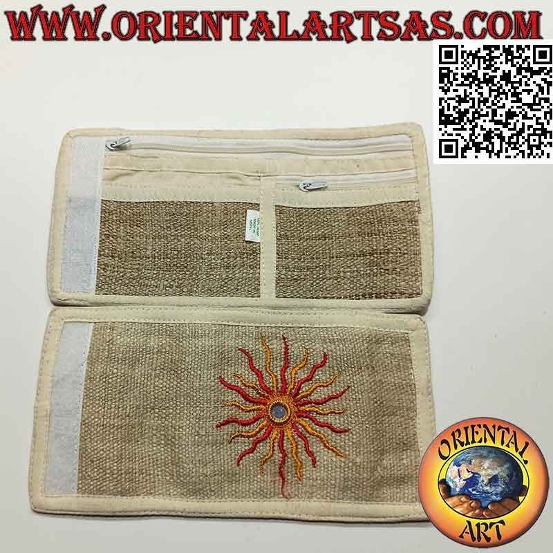 Portefeuille népalais (4 poches avec 2 zips) "le soleil au miroir" en 100% chanvre