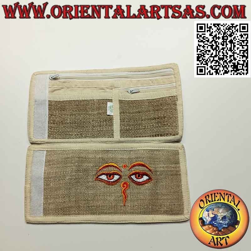 Portefeuille népalais (4 poches avec 2 zips) "Yeux de Bouddha" en 100% chanvre