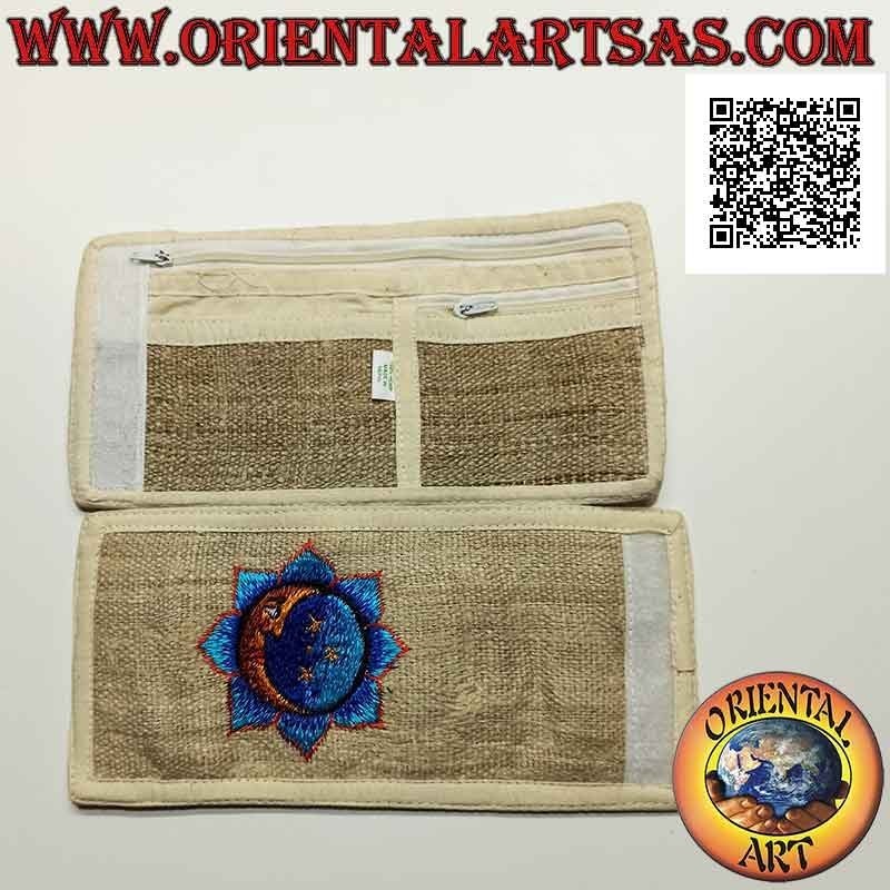 Portefeuille népalais (4 poches avec 2 zips) "Soleil et lune" en 100% chanvre