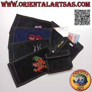 Portafogli nepalese (4 tasche con 2 zip) con decorazione cucita a mano in velluto di cotone 100%