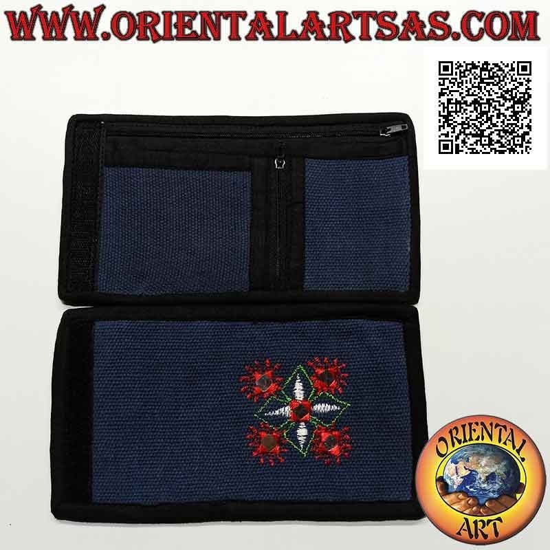 Nepalesisches Portemonnaie (4 Taschen mit 2 Reißverschlüssen) "Blumendekoration mit 5 Spiegeln" in 100% Baumwolle (1)
