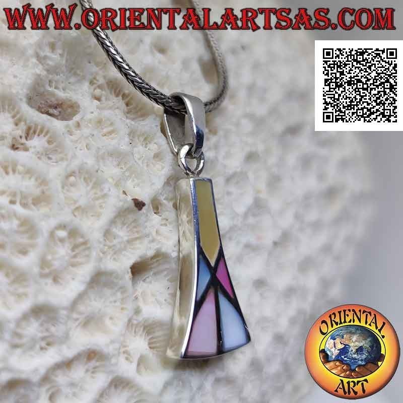 Curved isosceles trapezoid silver pendant with multicolor mother-of-pearl mosaic
