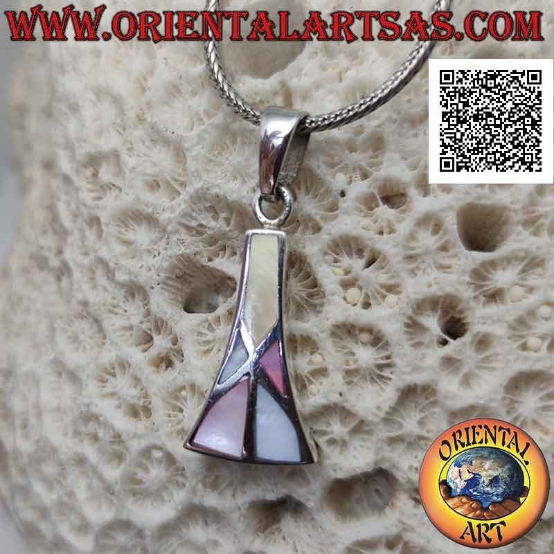 Curved isosceles trapezoid silver pendant with multicolor mother-of-pearl mosaic