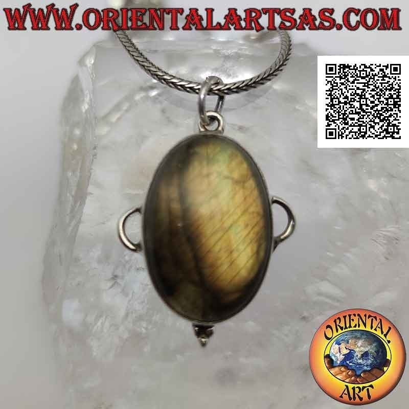 Silver pendant with large oval cabochon labradorite, perforated semicircle on the sides and trio of balls below