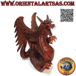 Scultura drago alato in cammino intagliato a mano in legno di suar da 22 cm
