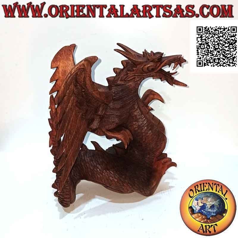 Handgeschnitzte Skulptur eines wandelnden geflügelten Drachen aus Suarholz, 22 cm