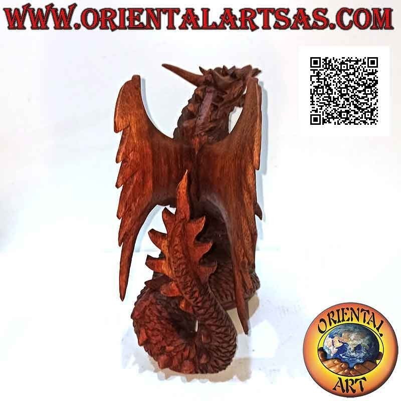 Sculpture dragon ailé marchant sculpté à la main en bois de suar mesurant 22 cm