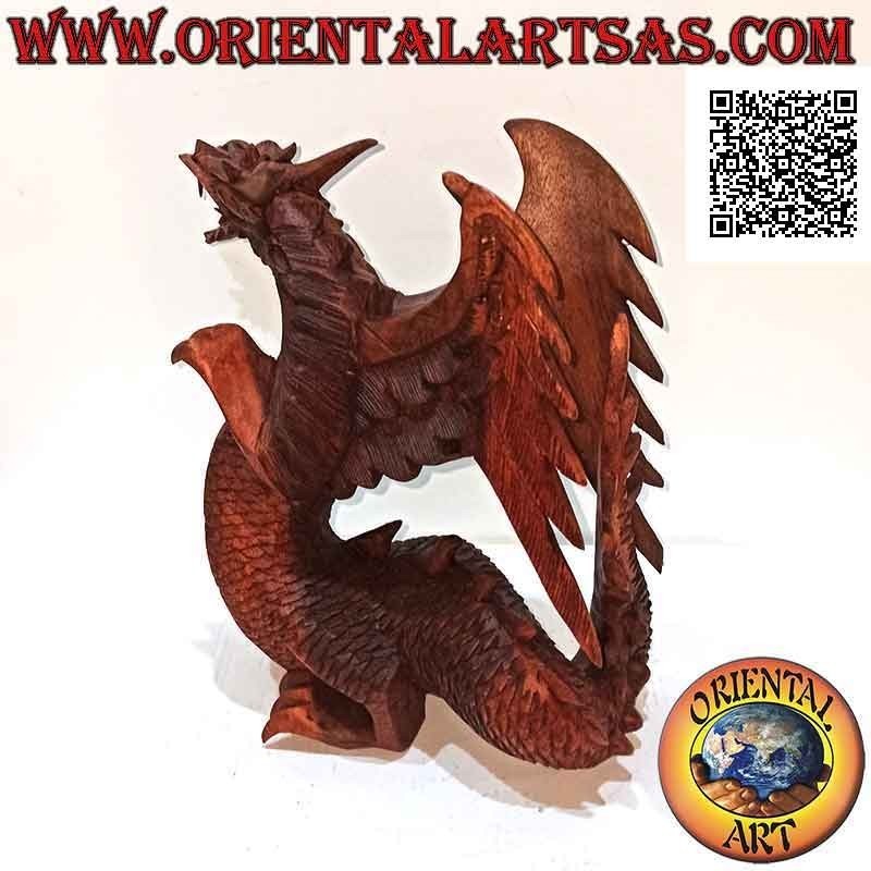 Sculpture dragon ailé marchant sculpté à la main en bois de suar mesurant 22 cm