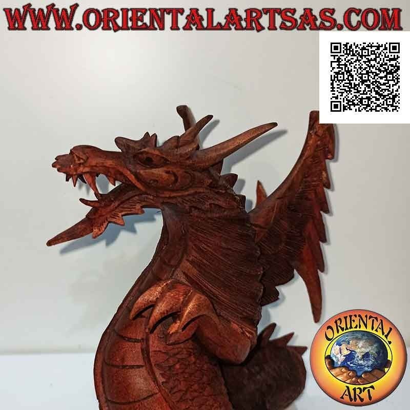 Scultura drago alato in cammino intagliato a mano in legno di suar da 22 cm