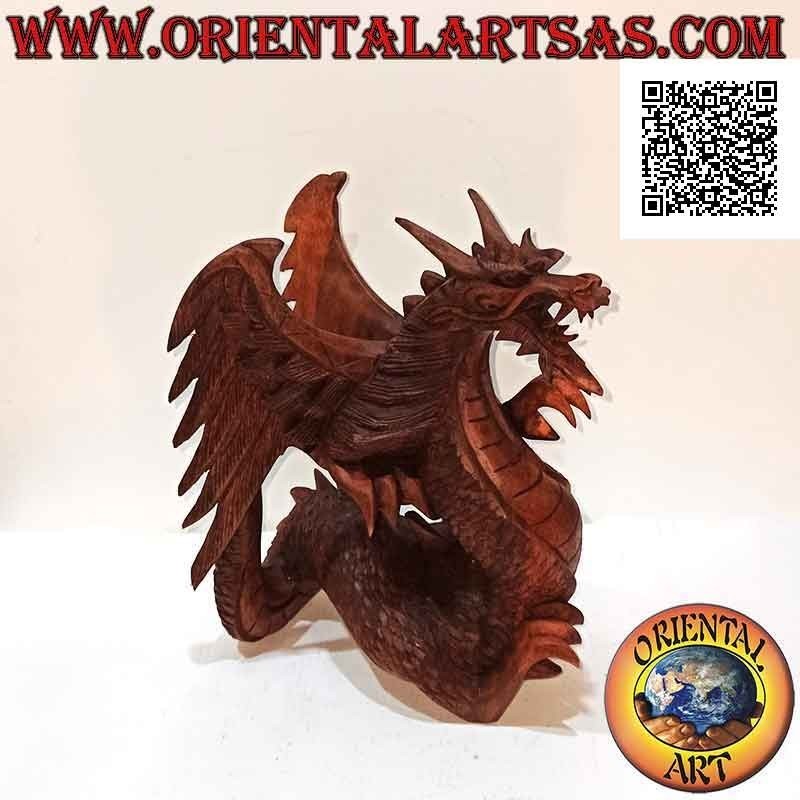 Handgeschnitzte Skulptur eines wandelnden geflügelten Drachen aus Suarholz, 22 cm