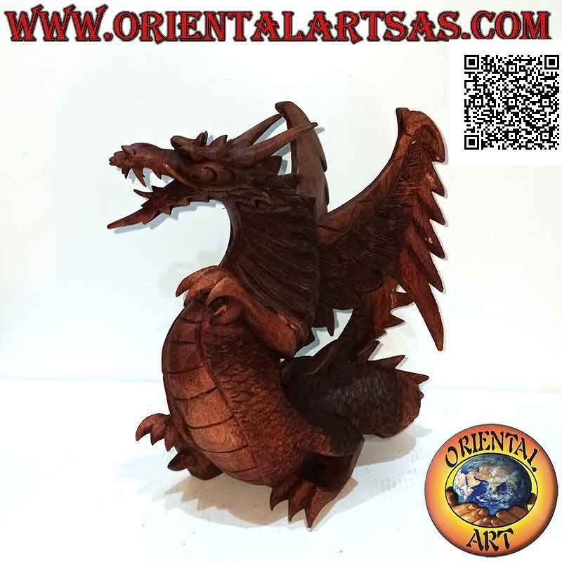 Scultura drago alato in cammino intagliato a mano in legno di suar da 22 cm
